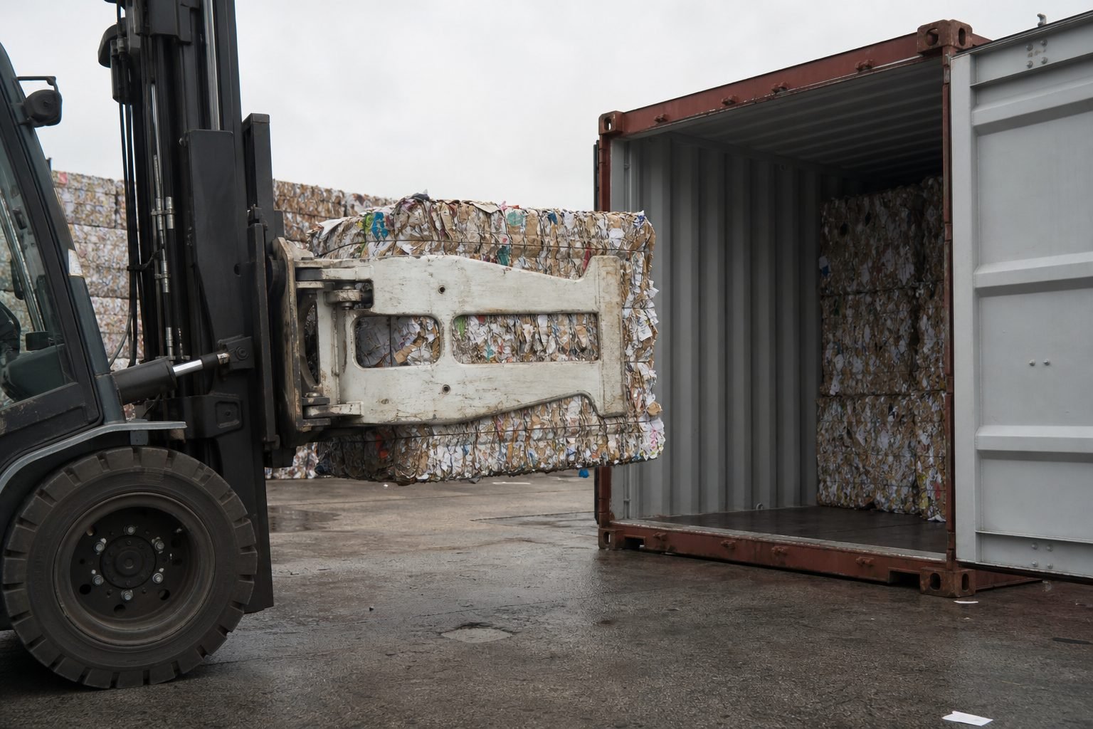Waste paper bales being loaded into a container for export